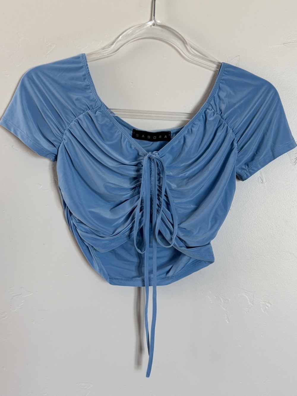 Sabora Light Blue Ruched Tie-Front Crop Top